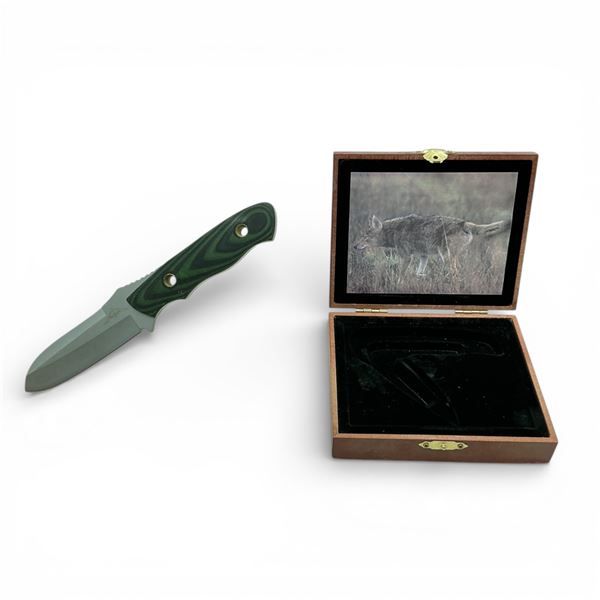 Wooden Box 5.5" x 4.5" x 1.25" and Shadow Fixed 3.75" Blade Knife