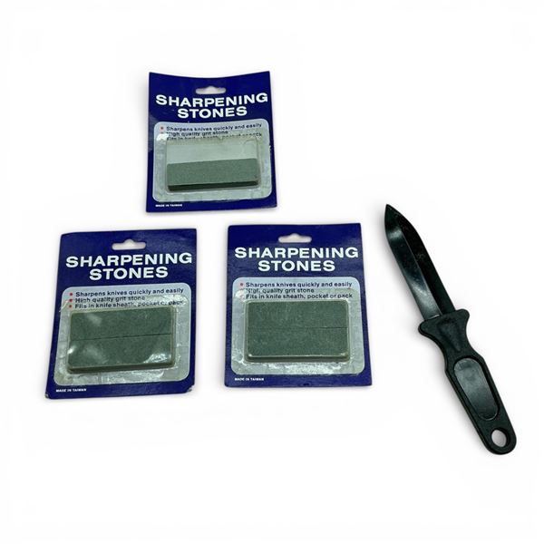 Sharpening Stones, 2 Pack X 3 Qty and 3.75" Blade Dummy Knife (Plastic)