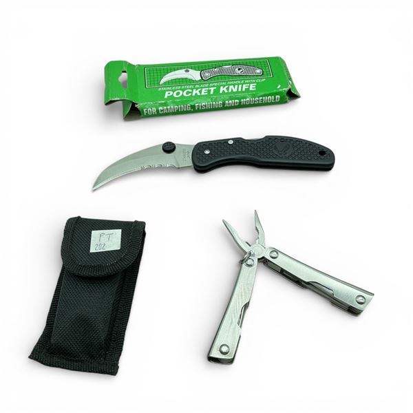 Small Multi-Tool (2.5" x 1" Folded) with Pouch and 2.5" Folding Blade Pocket Knife