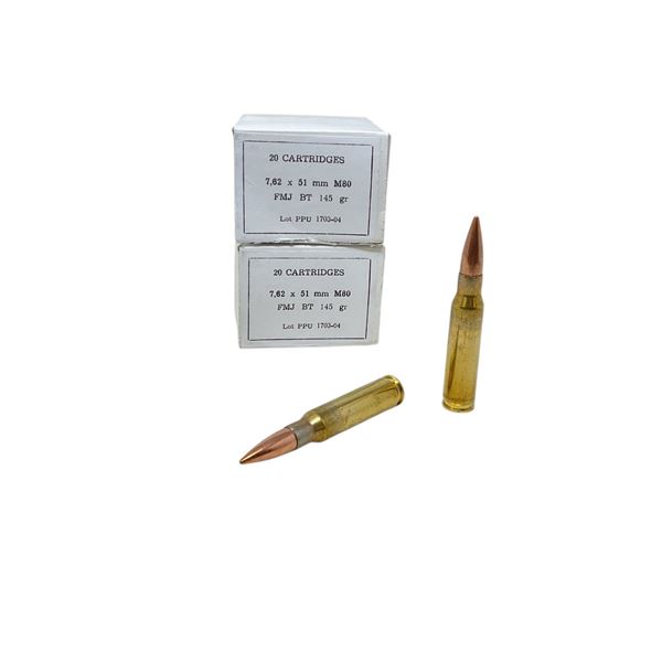 PPU 7.62x51mm M80, 145 Grain FMJ BT Ammunition, 40 Rounds