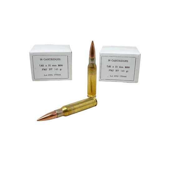 PPU 7.62x51mm M80, 145 Grain FMJ BT Ammunition, 40 Rounds