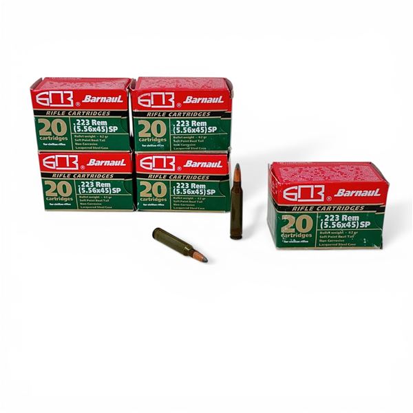 Barnaul .223 Rem, 62 Grain SPBT Non-Corrosive Ammunition, 100 Rounds