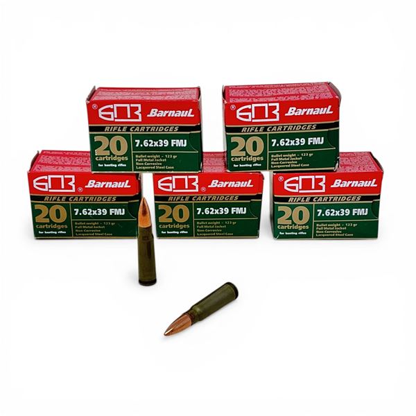 Barnaul 7.62x39, 123 Grain FMJ Non-Corrosive Ammunition, 100 Rounds