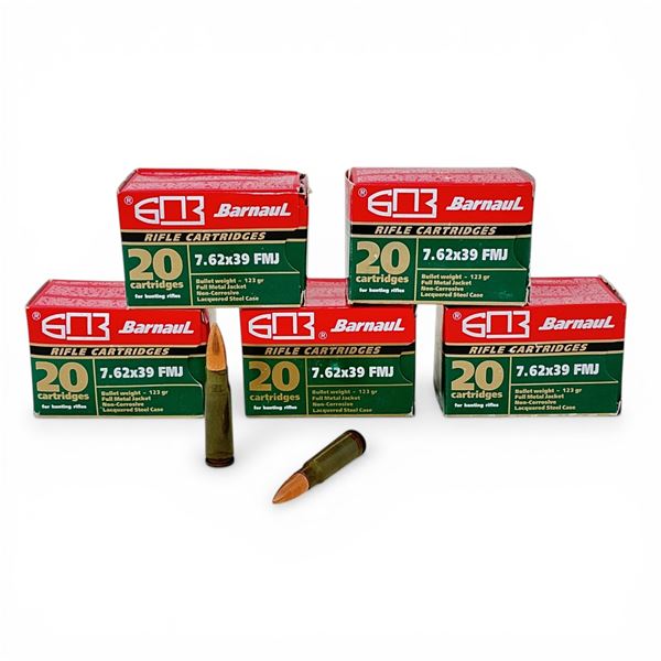 Barnaul 7.62x39mm, 123 Grain FMJ Non-Corrosive Ammunition, 100 Rounds