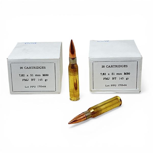 PPU 7.62x51mm M80, 145 Grain FMJ BT Ammunition, 40 Rounds