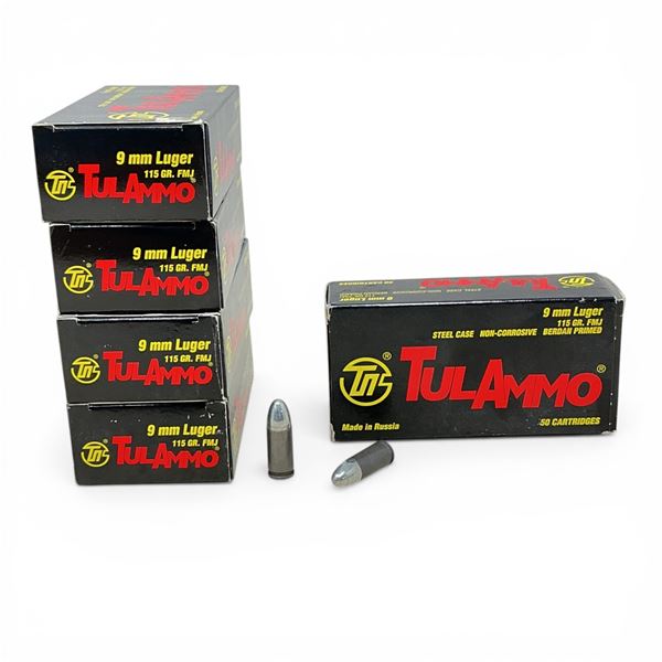 TulAmmo 9mm Luger, 115 Grain FMJ Steel Case Non-Corrosive Ammunition, 250 Rounds