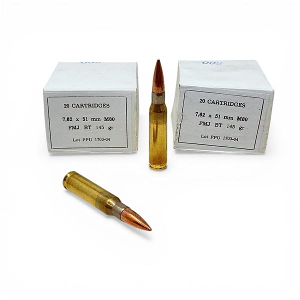 PPU 7.62x51mm M80, 145 Grain FMJ BT Ammunition, 40 Rounds