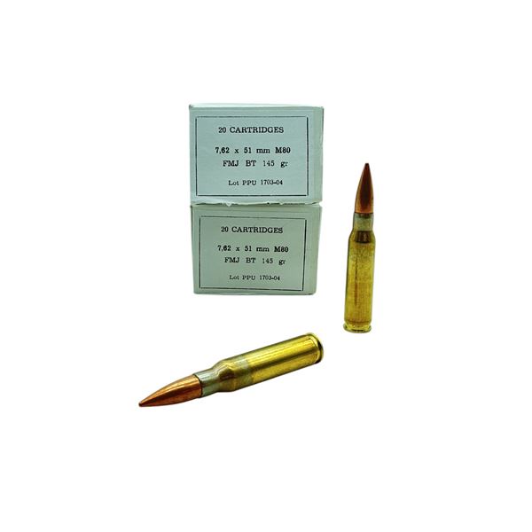 PPU 7.62x51mm M80, 145 Grain FMJ BT Ammunition, 40 Rounds