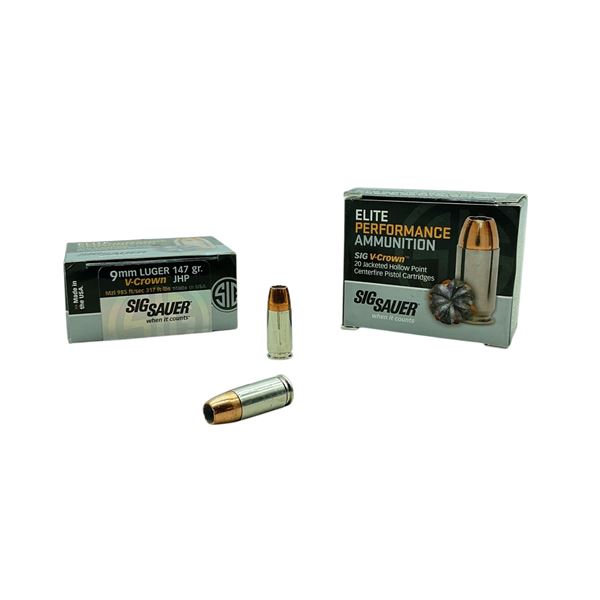 Sig Sauer 9mm Luger, 147 Grain V-Crown JHP Ammunition, 40 Rounds