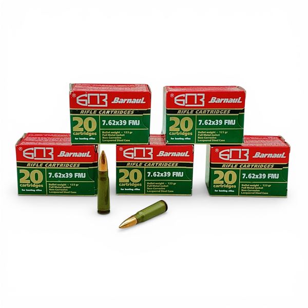 Barnaul 7.62x39mm, 123 Grain FMJ Non-Corrosive Ammunition, 100 Rounds