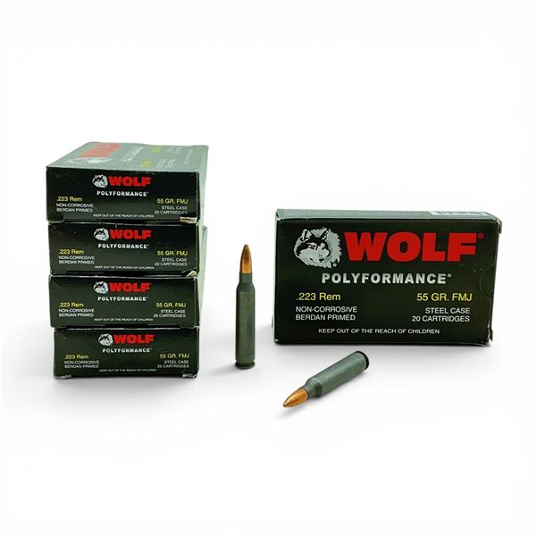 Wolf Polyformance .223 Rem, 55 Grain FMJ Non-Corrosive Steel Case Ammunition, 100 Rounds