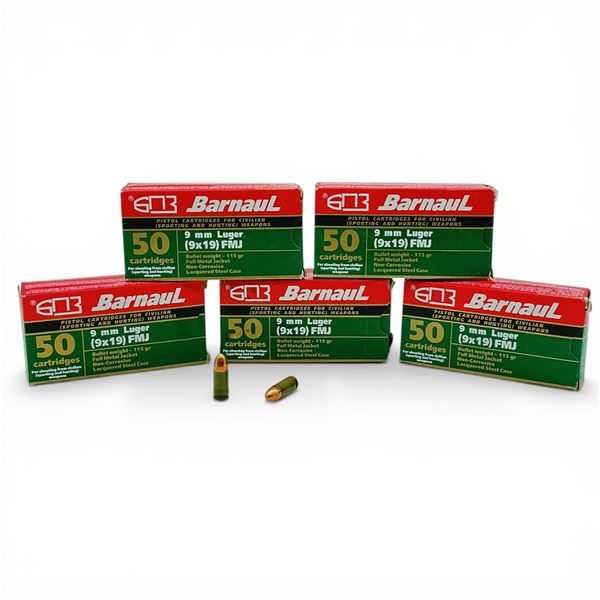 Barnaul 9mm Luger, 115 Grain FMJ Non-Corrosive Ammunition, 250 Rounds