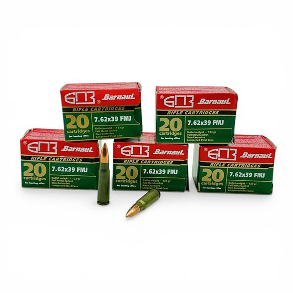 Barnaul 7.62x39mm, 123 Grain FMJ Non-Corrosive Ammunition, 100 Rounds