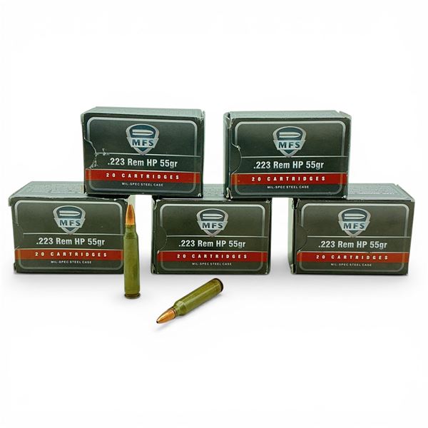 MFS .223 Rem, 55 Grain HP Ammunition, 100 Rounds