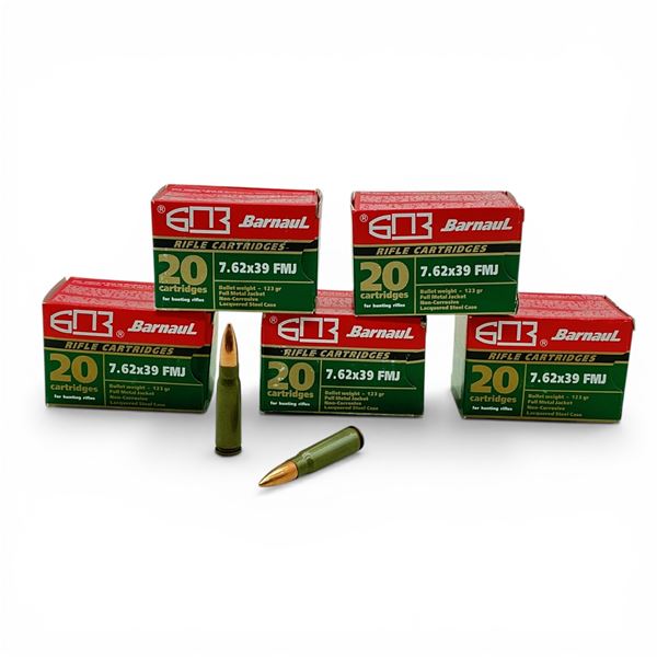 Barnaul 7.62x39mm, 123 Grain FMJ Non-Corrosive Ammunition, 100 Rounds