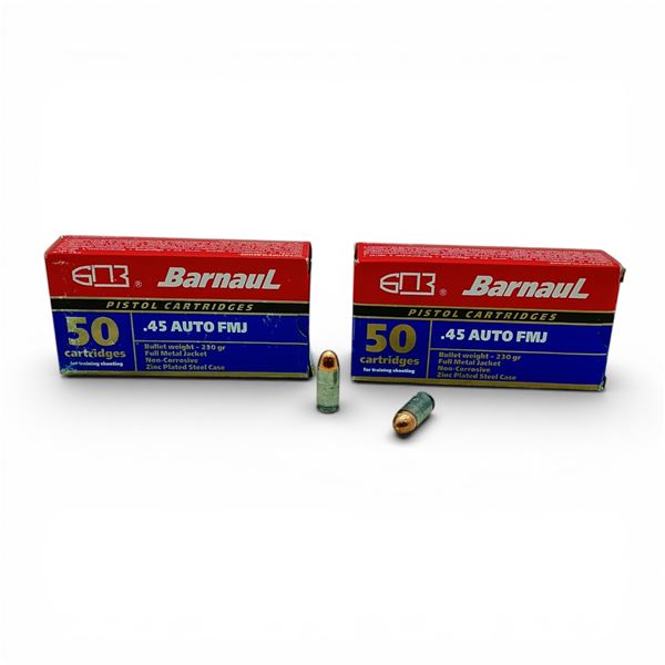 Barnaul .45 Auto, 230 Grain FMJ Non-Corrosive Ammunition, 100 Rounds