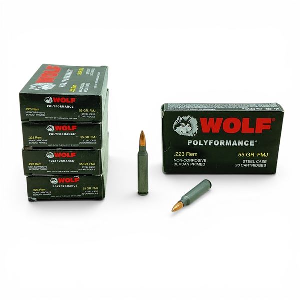 Wolf Polyformance .223 Rem, 55 Grain FMJ Non-Corrosive Steel Case Ammunition, 100 Rounds