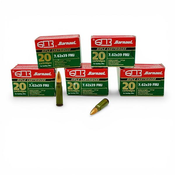 Barnaul 7.62x39mm, 123 Grain FMJ Non-Corrosive Ammunition, 100 Rounds