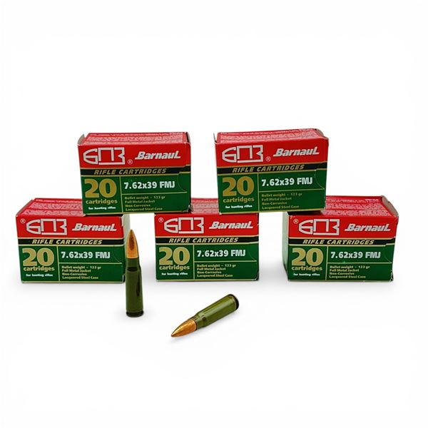 Barnaul 7.62x39mm, 123 Grain FMJ Non-Corrosive Ammunition, 100 Rounds