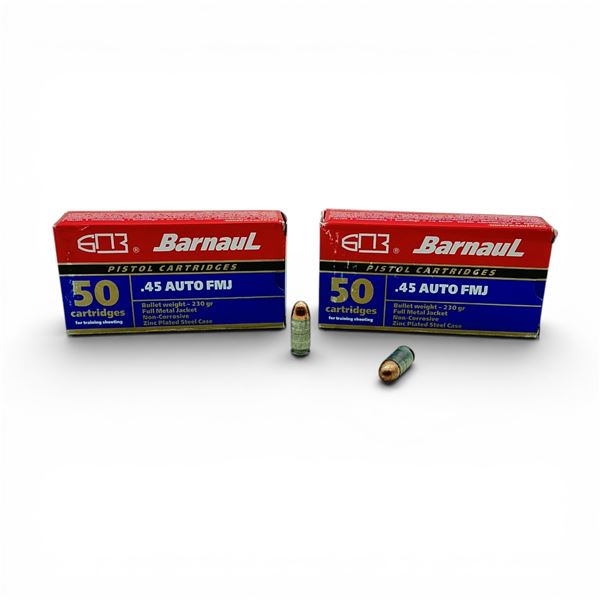 Barnaul .45 Auto, 230 Grain FMJ Non-Corrosive Ammunition, 100 Rounds