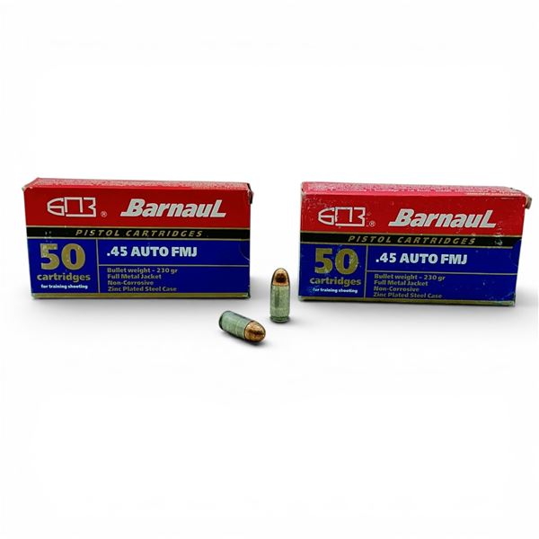 Barnaul .45 Auto, 230 Grain FMJ Non-Corrosive Ammunition, 100 Rounds