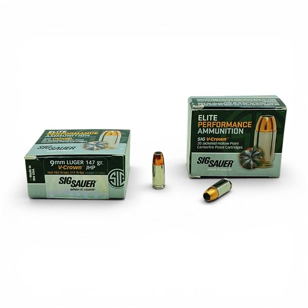 Sig Sauer 9mm Luger, 147 Grain V-Crown JHP Ammunition, 40 Rounds