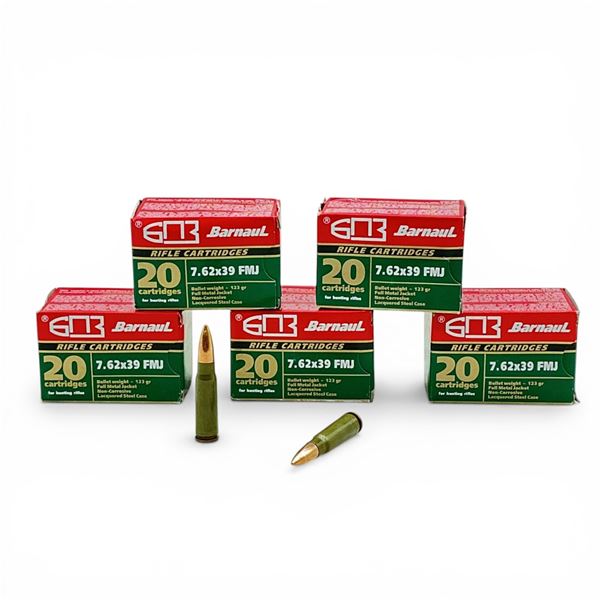 Barnaul 7.62x39mm, 123 Grain FMJ Non-Corrosive Ammunition, 100 Rounds
