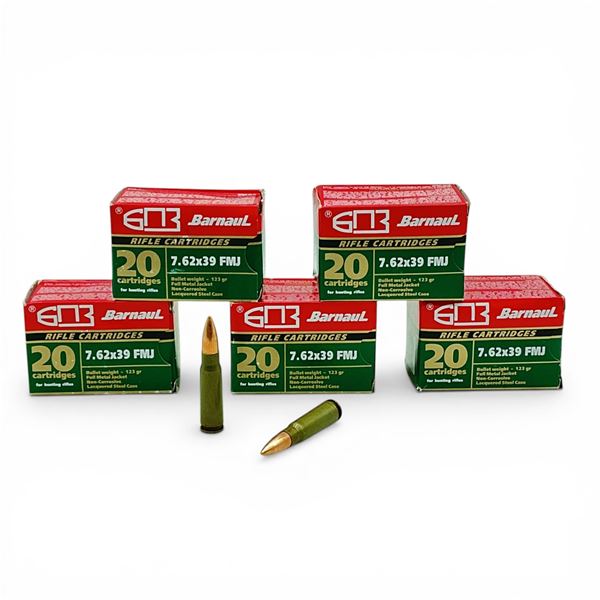 Barnaul 7.62x39mm, 123 Grain FMJ Non-Corrosive Ammunition, 100 Rounds
