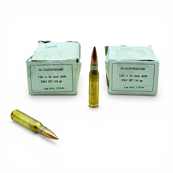PPU 7.62x51mm M80, 145 Grain FMJ BT Ammunition, 40 Rounds