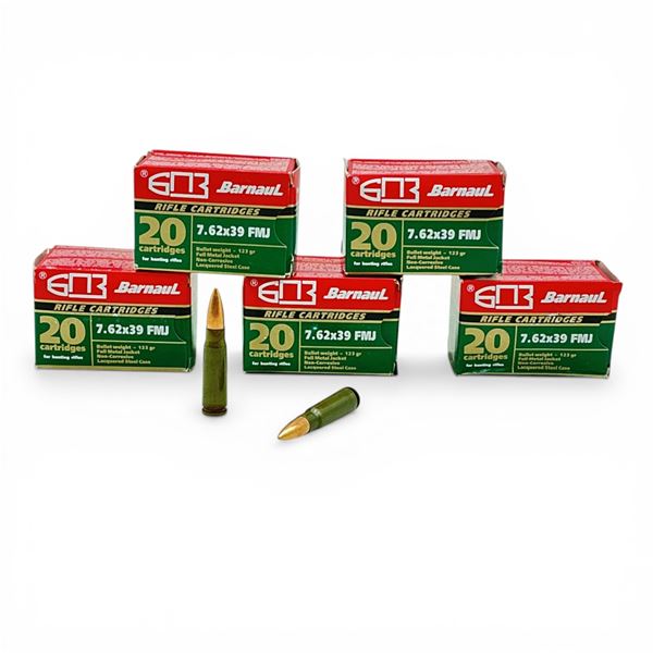 Barnaul 7.62x39mm, 123 Grain FMJ Non-Corrosive Ammunition, 100 Rounds