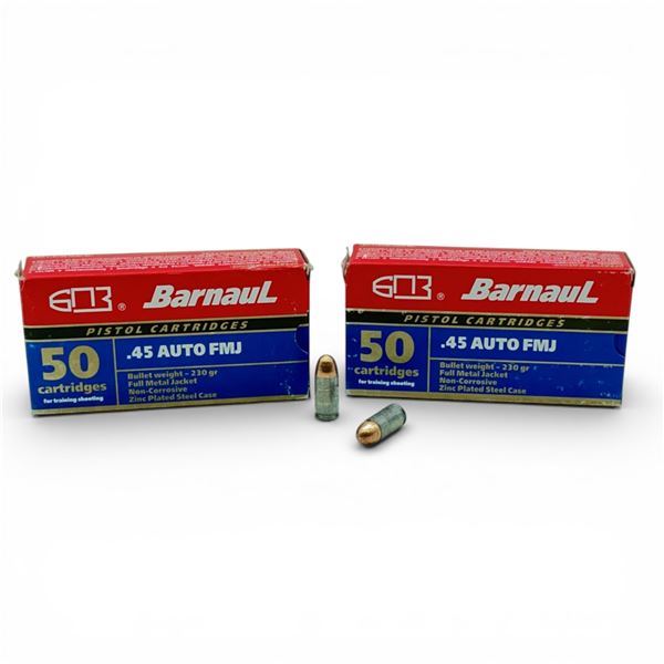 Barnaul .45 Auto, 230 Grain FMJ Non-Corrosive Ammunition, 100 Rounds