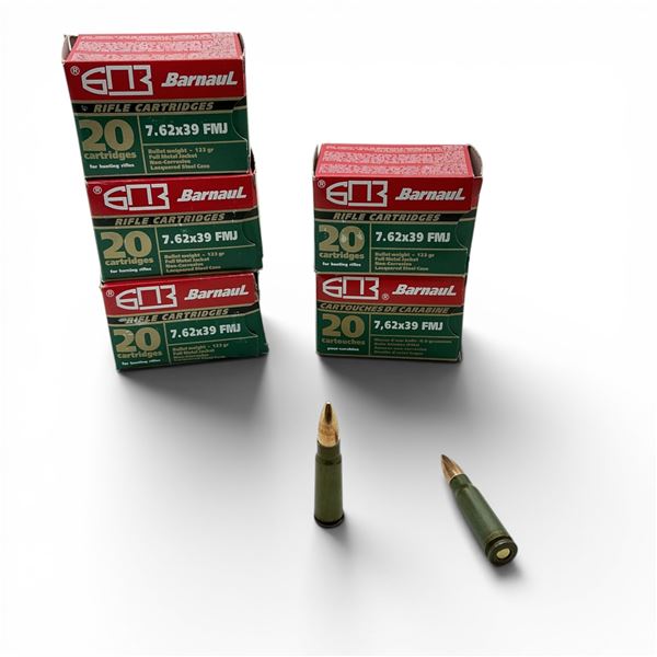 Barnaul 7.62x39mm, 123 Grain FMJ Non-Corrosive Ammunition, 100 Rounds