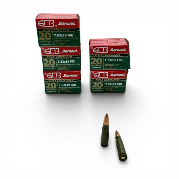 Barnaul 7.62x39mm, 123 Grain FMJ Non-Corrosive Ammunition, 100 Rounds
