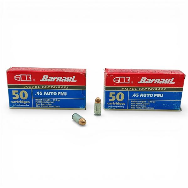 Barnaul .45 Auto, 230 Grain FMJ Non-Corrosive Ammunition, 100 Rounds