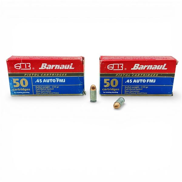 Barnaul .45 Auto, 230 Grain FMJ Non-Corrosive Ammunition, 100 Rounds