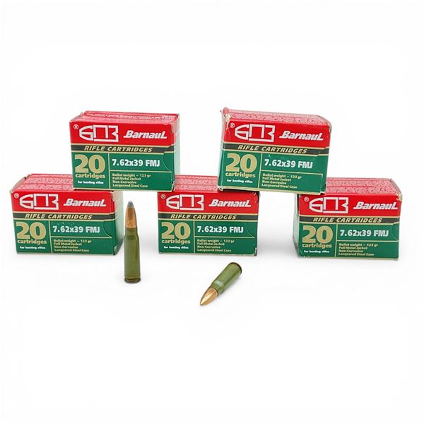 Barnaul 7.62x39mm, 123 Grain FMJ Non-Corrosive Ammunition, 98 Rounds