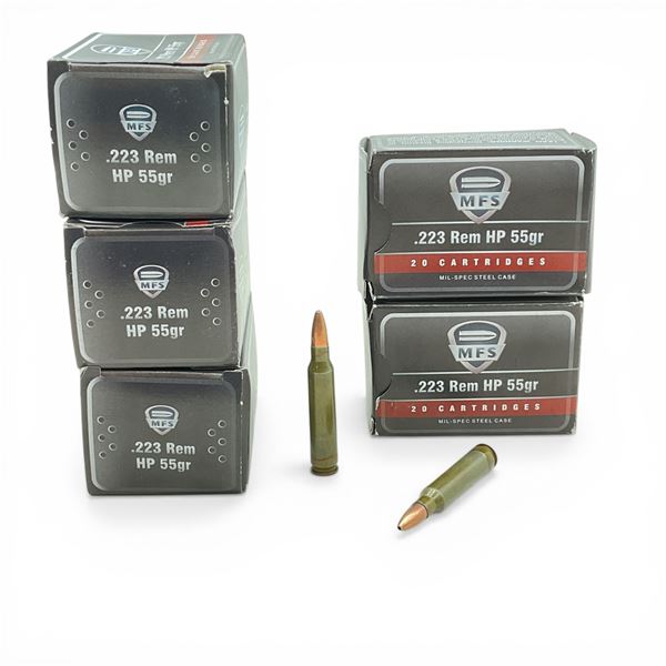 MFS .223 Rem, 55 Grain HP Ammunition, 100 Rounds