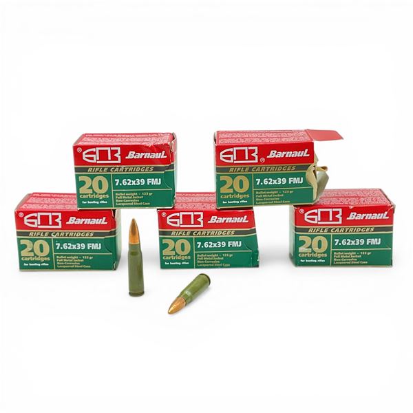 Barnaul 7.62x39mm, 123 Grain FMJ Non-Corrosive Ammunition, 100 Rounds