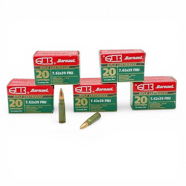 Barnaul 7.62x39mm, 123 Grain FMJ Non-Corrosive Ammunition, 100 Rounds