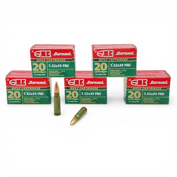 Barnaul 7.62x39mm, 123 Grain FMJ Non-Corrosive Ammunition, 100 Rounds
