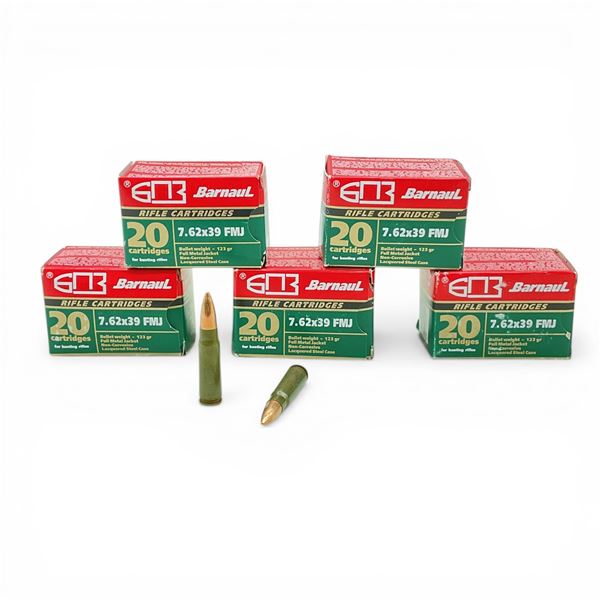 Barnaul 7.62x39mm, 123 Grain FMJ Non-Corrosive Ammunition, 100 Rounds