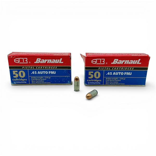 Barnaul .45 Auto, 230 Grain FMJ Non-Corrosive Ammunition, 100 Rounds