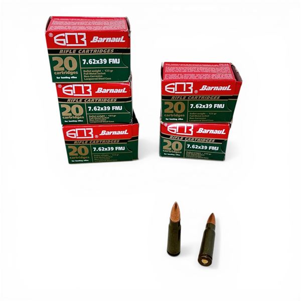 Barnaul 7.62x39mm, 123 Grain FMJ Non-Corrosive Ammunition, 100 Rounds