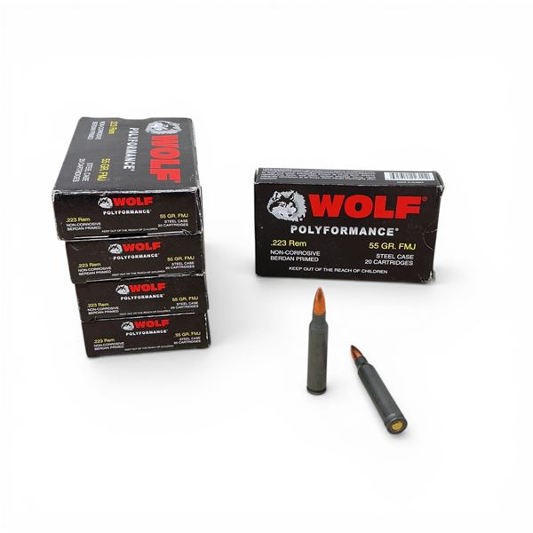 Wolf Polyformance .223 Rem, 55 Grain FMJ Non-Corrosive Steel Case Ammunition, 100 Rounds
