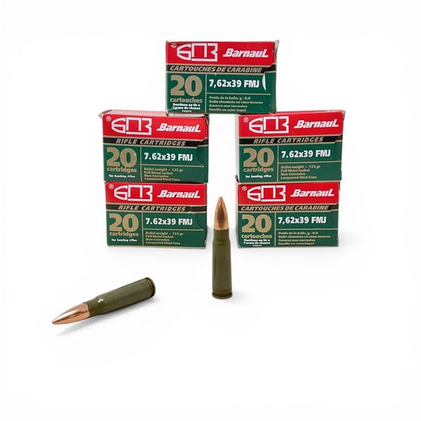 Barnaul 7.62x39mm, 123 Grain FMJ Non-Corrosive Ammunition, 100 Rounds