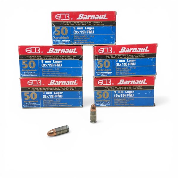 Barnaul 9mm Luger, 115 Grain FMJ Non-Corrosive Ammunition, 250 Rounds