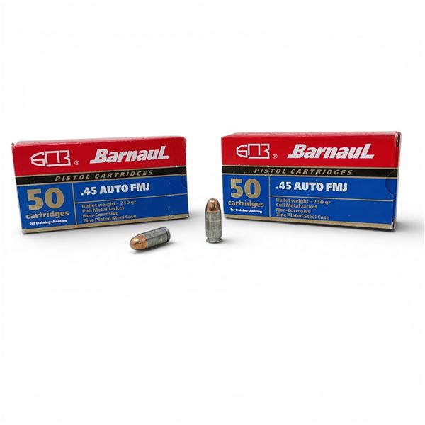 Barnaul .45 Auto, 230 Grain FMJ Non-Corrosive Ammunition, 100 Rounds