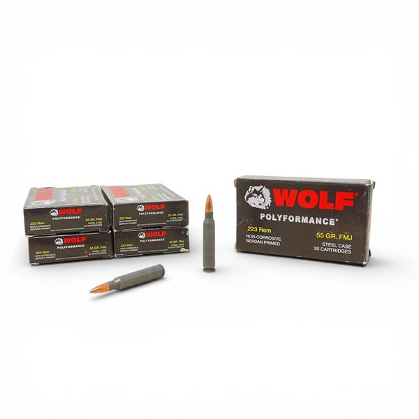 Wolf Polyformance .223 Rem, 55 Grain FMJ Non-Corrosive Steel Case Ammunition, 100 Rounds