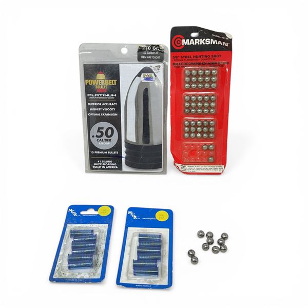 .50 Cal Powerbelt Bullets, Marksman 3/8" Steel Hunting Shot and Mega 357 Cal Snap Caps