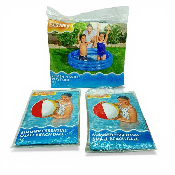 Bestway Summer Essential Small Beach Ball X 2 Qty, New and Splash 'N Smile 48" x 10" Play Pool, New